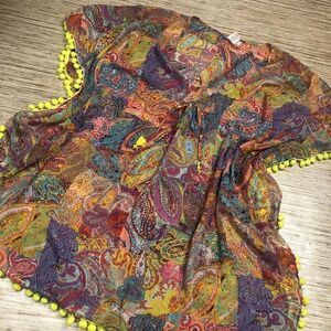 3442 Bleu Rod Beattie Chiffon tunic Caftan pom-pom PAISLEY MULTI  sz M